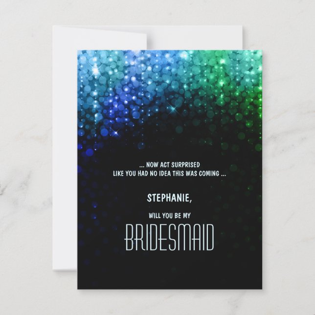 Elegant peacock colour bokeh wedding bridesmaid invitation (Front)