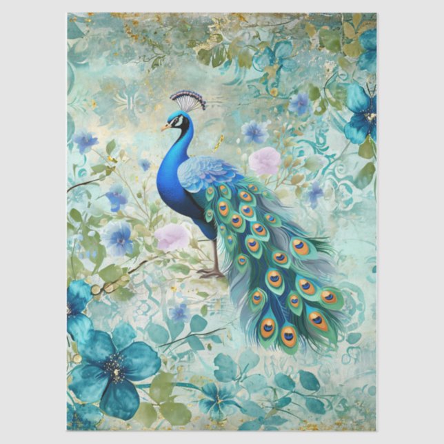 Elegant Peacock Distressed Blue Floral Tissue Paper (Front)