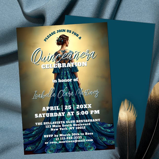 Elegant Peacock Dress Quinceañera Celebration  Invitation (Creator Uploaded)