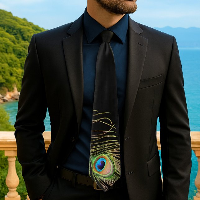 Elegant Peacock Feather Black Tie (Statement piece — part of my Glamorous Peacock Feather On Black Collection)