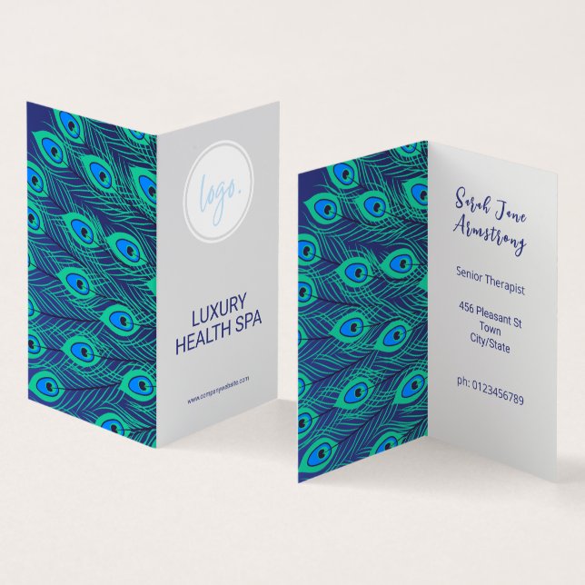ELEGANT PEACOCK FEATHER COMPANY BLUE LOGO FOLDED BUSINESS CARD (Inside and Outside)