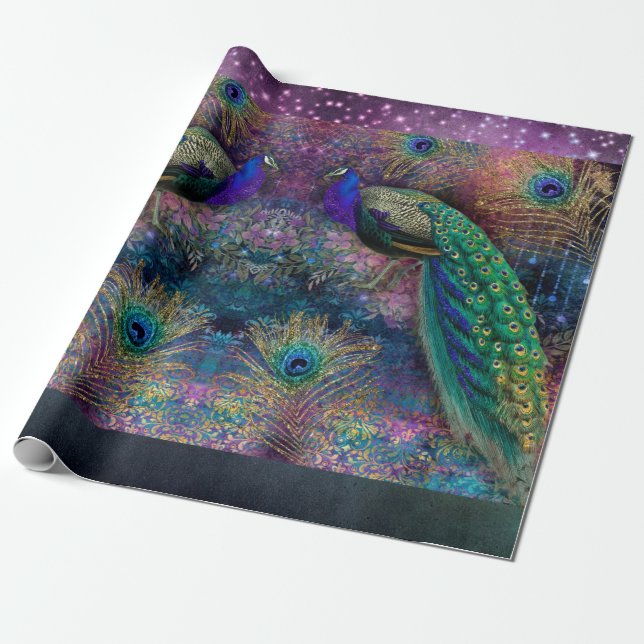 Elegant Peacock Feather Glitter Moody Decoupage Wr Wrapping Paper (Unrolled)