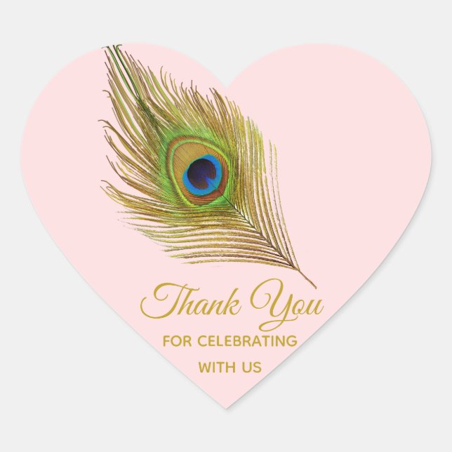 Elegant peacock feather golden Thank You Heart Sticker (Front)