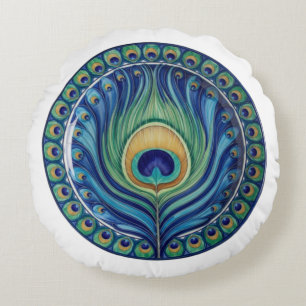 Elegant Peacock Feather Mandala Round Cushion