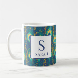 Elegant Peacock Feather Monogram Custom Name Mug