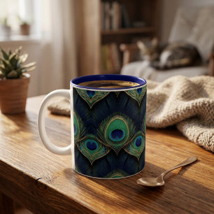Elegant Peacock Feather Pattern in Deep Jewel Tone Two-Tone Coffee Mug