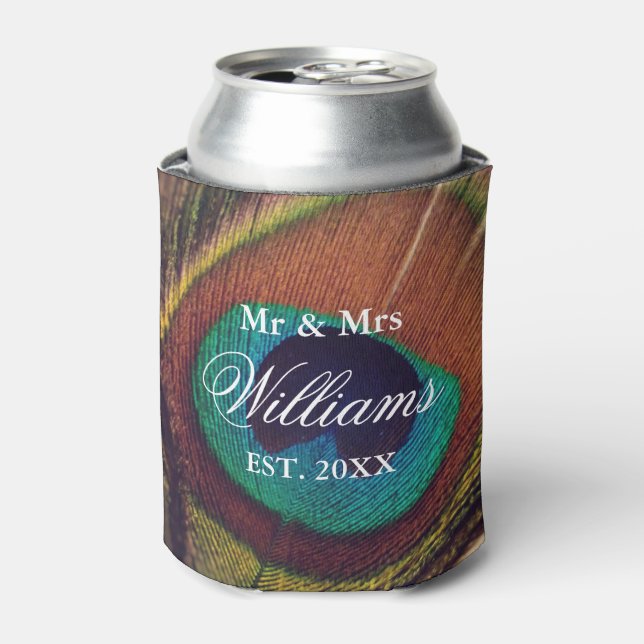 Elegant peacock feather peafowl eye custom wedding can cooler (Can Front)