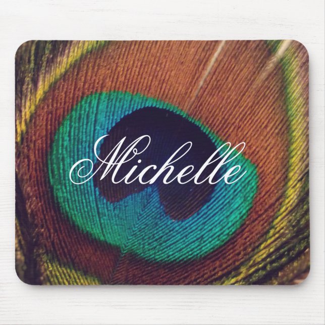 Elegant peacock feather peafowl eye personalised mouse mat (Front)
