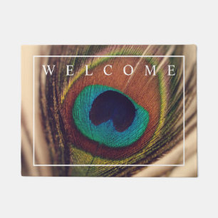Elegant peacock feather photo welcome door mat
