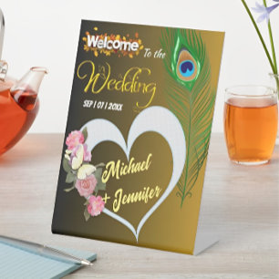 Elegant Peacock Feather & Rose Custom Wedding  Pedestal Sign