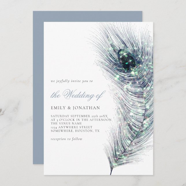 Elegant Peacock Feather Teal Blue Script Wedding Invitation (Front/Back)