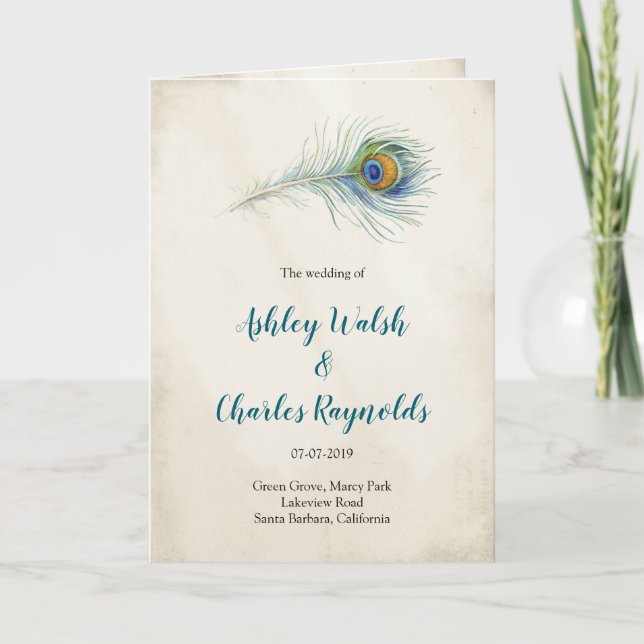 Elegant Peacock Feather Vintage Teal Boho Wedding Programme (Front)
