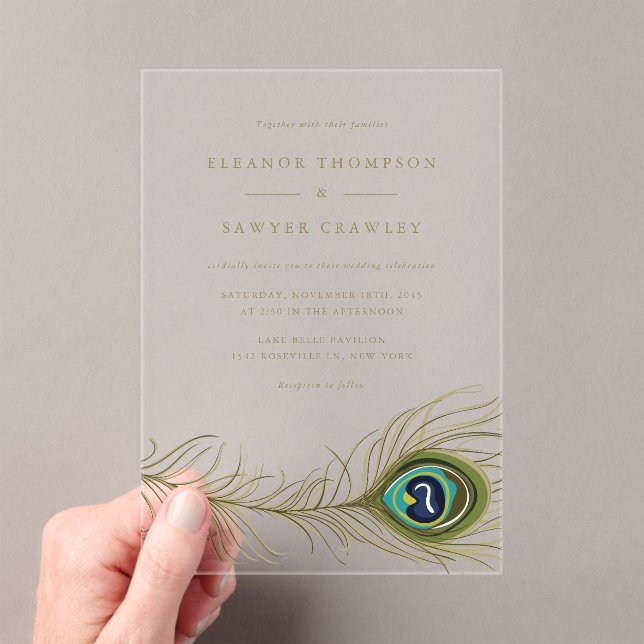 Elegant Peacock Feather Vintage Wedding Acrylic Invitations (Insitu (Handheld))