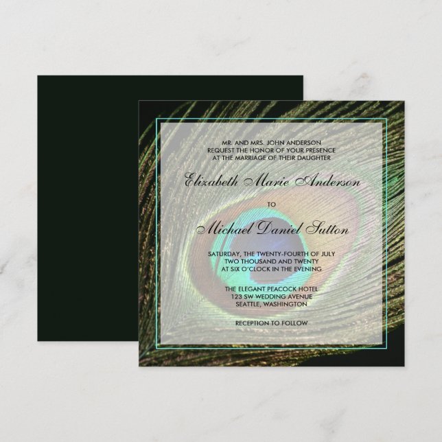 Elegant Peacock Feather Wedding Invitation (Front/Back)