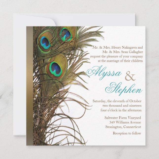 Elegant Peacock Feather Wedding Invitation 1 (Front)