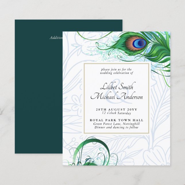 Elegant PEACOCK FEATHER Wedding Invite BUDGET (Front/Back)
