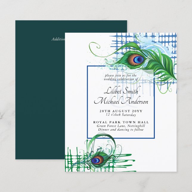 Elegant PEACOCK FEATHER Wedding Invite BUDGET (Front/Back)
