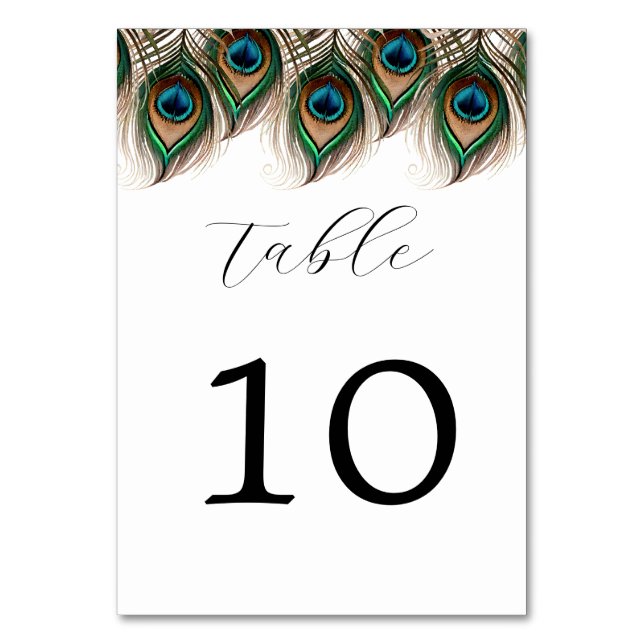 Elegant Peacock Feather Wedding Table Number (Front)