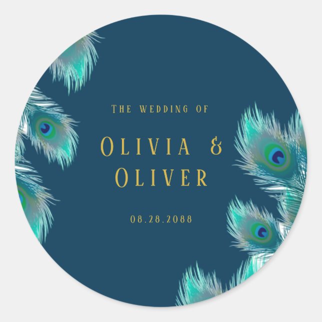 Elegant Peacock Feathers and Gold Wedding Classic Round Sticker (Front)
