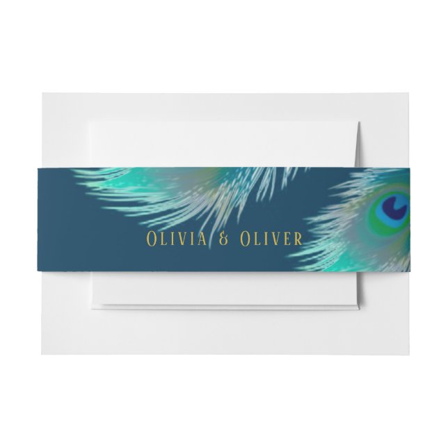 Elegant Peacock Feathers and Gold Wedding Invitation Belly Band (Front Example)