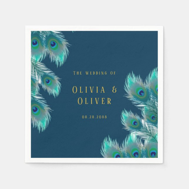 Elegant Peacock Feathers and Gold Wedding Napkin (Front)