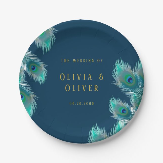 Elegant Peacock Feathers and Gold Wedding Paper Plate (Front)