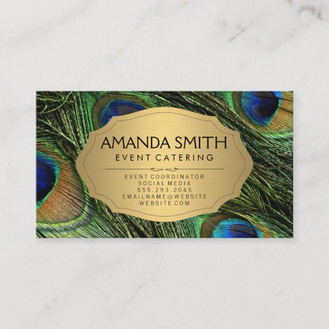 Elegant Peacock Feathers Faux Metallic Gold Business Card (Front)