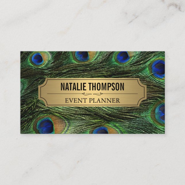 Elegant Peacock Feathers Faux Metallic Gold Business Card (Front)