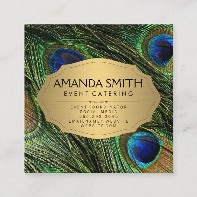 Elegant Peacock Feathers Faux Metallic Gold Square Business Card (Front)