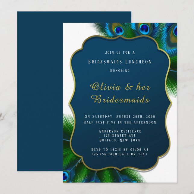 Elegant Peacock Feathers Gold Bridesmaids Luncheon Invitation (Front/Back)