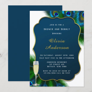Elegant Peacock Feathers Gold Brunch & Bubbly Invitation