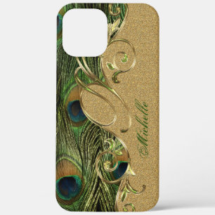 Elegant Peacock Feathers Golden Monogram iPhone 12 Pro Max Case
