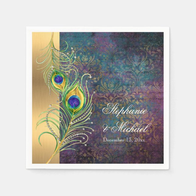 Elegant Peacock Feathers Jewel Scrolls Wedding Napkin (Front)