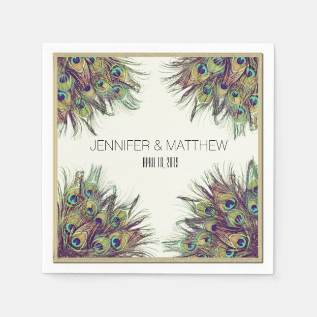 Elegant Peacock Feathers Personalised Wedding Napkin (Front)
