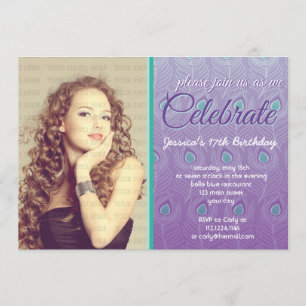 Elegant Peacock Feathers Photo Birthday Party Invitation