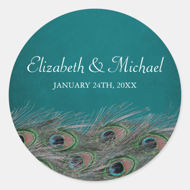 Elegant Peacock Feathers Round Wedding Favour Labe Classic Round Sticker (Front)