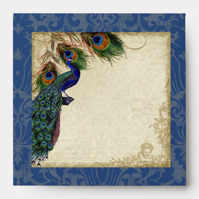 Elegant Peacock Feathers Vintage Classic Wedding Envelope (Front)