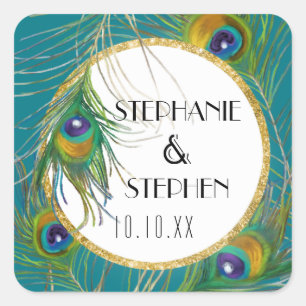 Elegant Peacock Feathers w Gold Glitter Weddings Square Sticker