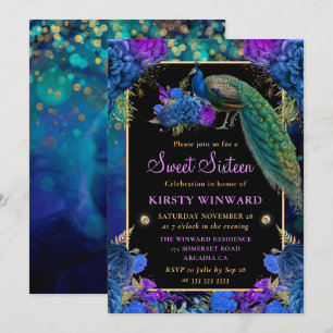 Elegant Peacock Floral Sweet Sixteen Invitation