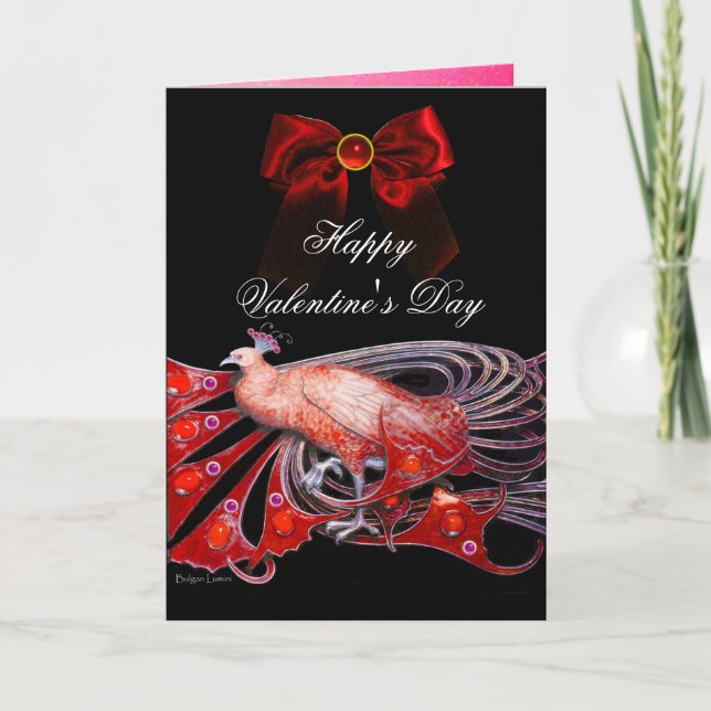 ELEGANT PEACOCK,GEM STONES,RED BOW,Valentine's Day Holiday Card (Front)