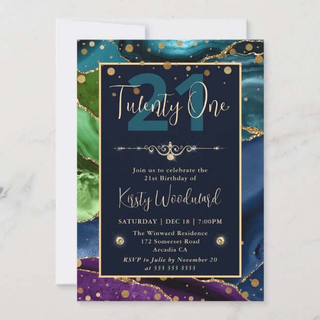 Elegant Peacock Glitter Agate Birthday Party Invitation (Front)