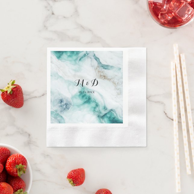 Elegant Peacock Green Marble Wedding  Napkins (Insitu)