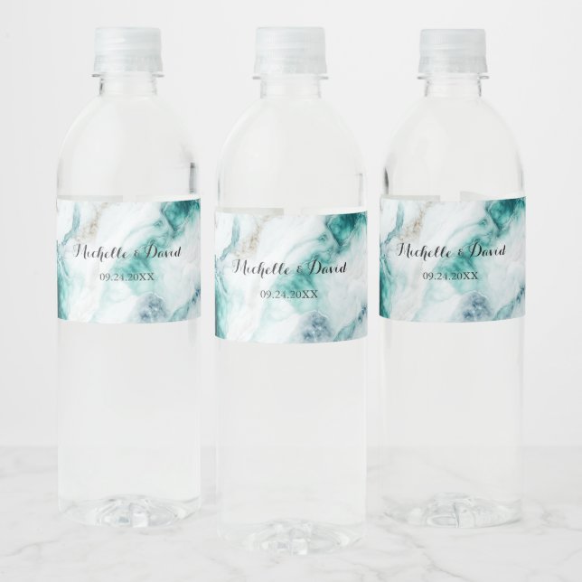 Elegant Peacock Green Marble Wedding Water Bottle Label (Bottles)