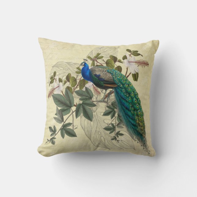 Elegant Peacock Hibiscus Ephemera Yellow Vintage Cushion (Front)