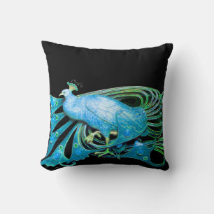 ELEGANT PEACOCK IN AQUA BLUE Teal Black Cushion