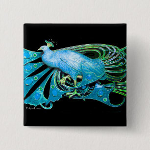 ELEGANT PEACOCK IN AQUA BLUE TEAL GREEN,BLACK 15 CM SQUARE BADGE