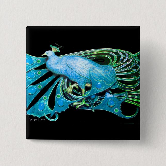 ELEGANT PEACOCK IN AQUA BLUE TEAL GREEN,BLACK 15 CM SQUARE BADGE (Front)