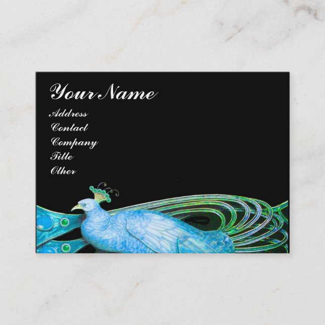 ELEGANT PEACOCK IN AQUA BLUE TEAL GREEN,BLACK BUSINESS CARD (Front)
