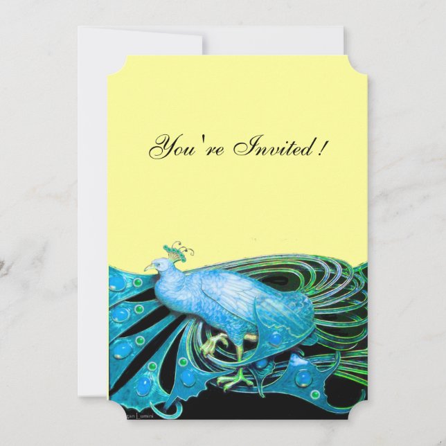 ELEGANT PEACOCK IN BLUE ,BLACK. INVITATION (Front)