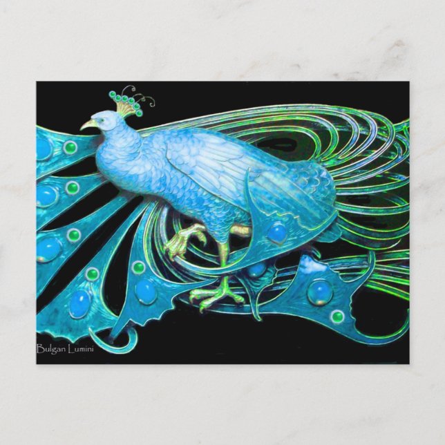 ELEGANT PEACOCK IN BLUE BLACK TEAL POSTCARD (Front)